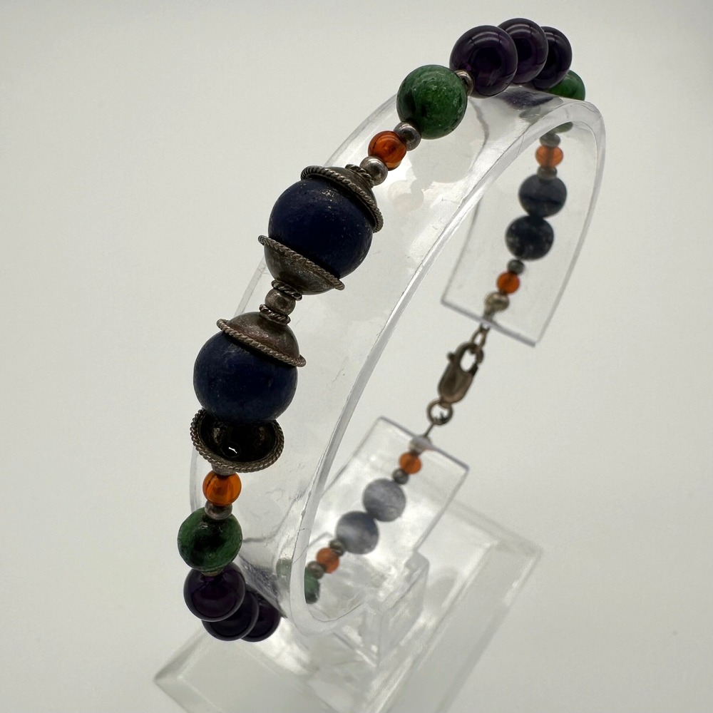 Vintage Women Beaded Bracelet 925 Sterling Silver Mixed Gemstone Boho Eclectic